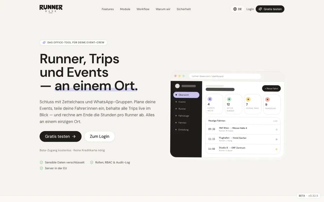 Runner Base — SaaS · Festival-Logistik, Webdesign-Projekt von Christopher Rapp