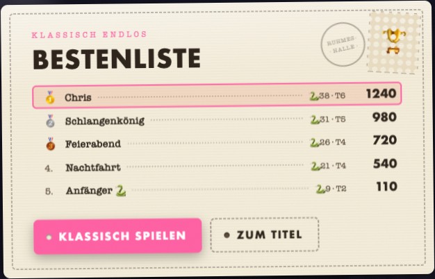 Die Bestenliste des klassischen Endlosmodus